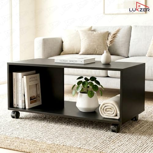 Image of Lukzer Engineered Wood Center Table with Wheels | CT-003 /Black | Open Rack Storage Organizing Desk Bed Side Display Stand Fashionable Furniture Rolling Coffee Tea Table DIY (80X40X40 Cm)