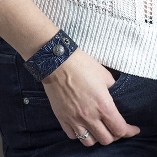 Dark Blue Leather Bracelet For Women, Hand Painted, Embossed, Wrist Size 6.00-7.25 Inches #TOP3
