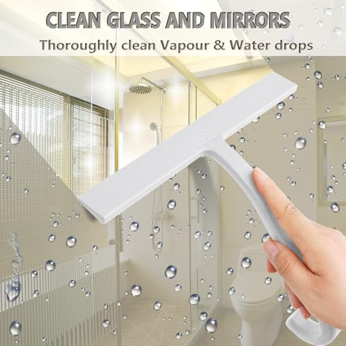 Image of Shower Squeegee for Glass Doors - 10 inch Silicone Squeegee with Built-in Hook, One-Piece Seamless Design, Streak-Free & No-Scratch Window Cleaner for Bathroom, Mirrors & Tiles (White)
