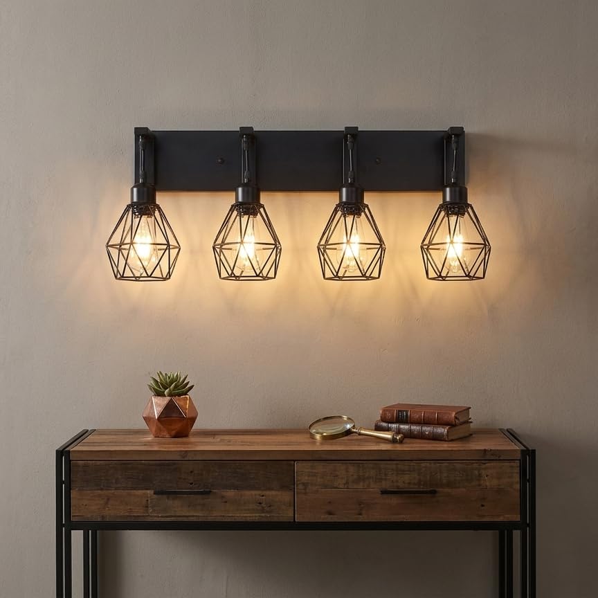 Image of Somniferous 4 Light Bathroom Vanity Light, Farmhouse Bathroom Light Fixtures Over Mirror, Black Vanity Light with Caged Metal Shade, Rustic Wall Light Fixture for Bedroom, Living Room, E26 Socket