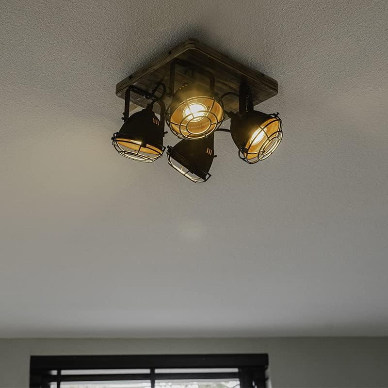 Qazqa - Industrial Spotlight Ceiling Rust Brown with Wood tiltable 4-Way Light - Gina- - Industrial - Suitable for LED GU10 | 4 Way Light - Steel Spotway Light - Suitable for Living Room I Kitchen I