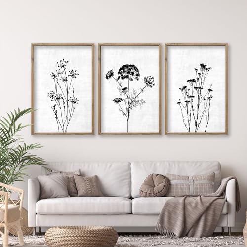Flower Plant Wall Art Decor 24"x16" Set of 3 Black And White Botanical Painting Wood Framed For Minimalist Bedroom Office Rustic Living Room Abstract Wildflower Sign Hanging (Wood White)