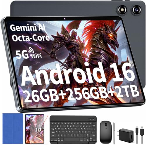 Android Tablet with Keyboard - Android 16 tablet with 26GB+256GB+2TB Expand, 10 inch Tablet with 8-Core, Gemini AI, 5G WiFi, 8000mAh, GPS, GMS, Electronic Tablet PC with Case/Mouse/Stylus-Blue Case