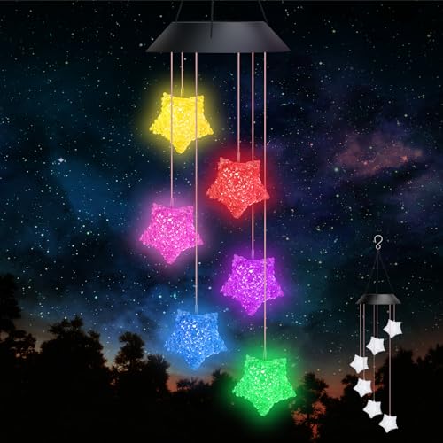 Januts LED Solar Wind Chimes Light Outdoor Color Changing Wind Chime Waterproof Mobile Garden Lamp Home Yard Patio Romantic Decorative Lights for Women Hanging Wind Chimes for Mum (Star)