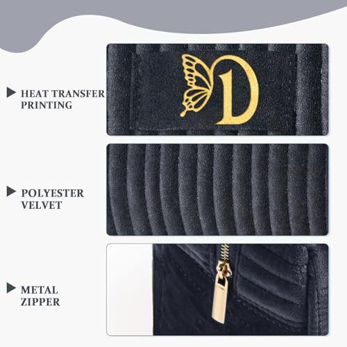 Image of COSHAYSOO Travel Makeup Bag Quilted Make Up Pouch Initial Velvet Cosmetic Case with Butterfly Decorations for Women Birthday Party Favor Supplies Cool Popular Easter Valentines Gifts Black Letter D
