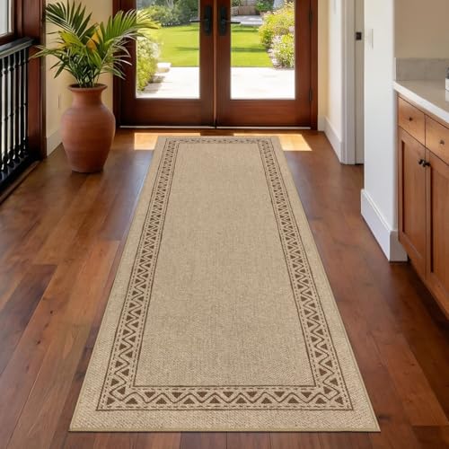 Geanup Teppich Läufer Flur rutschfest 60x180cm, Waschbar Jute Aussehen Küchenteppich, Braun Flurläufer, Modern Haltbarer Teppichläufer für Eingang Wohnzimmer Korridor Schlafzimmer Balkon