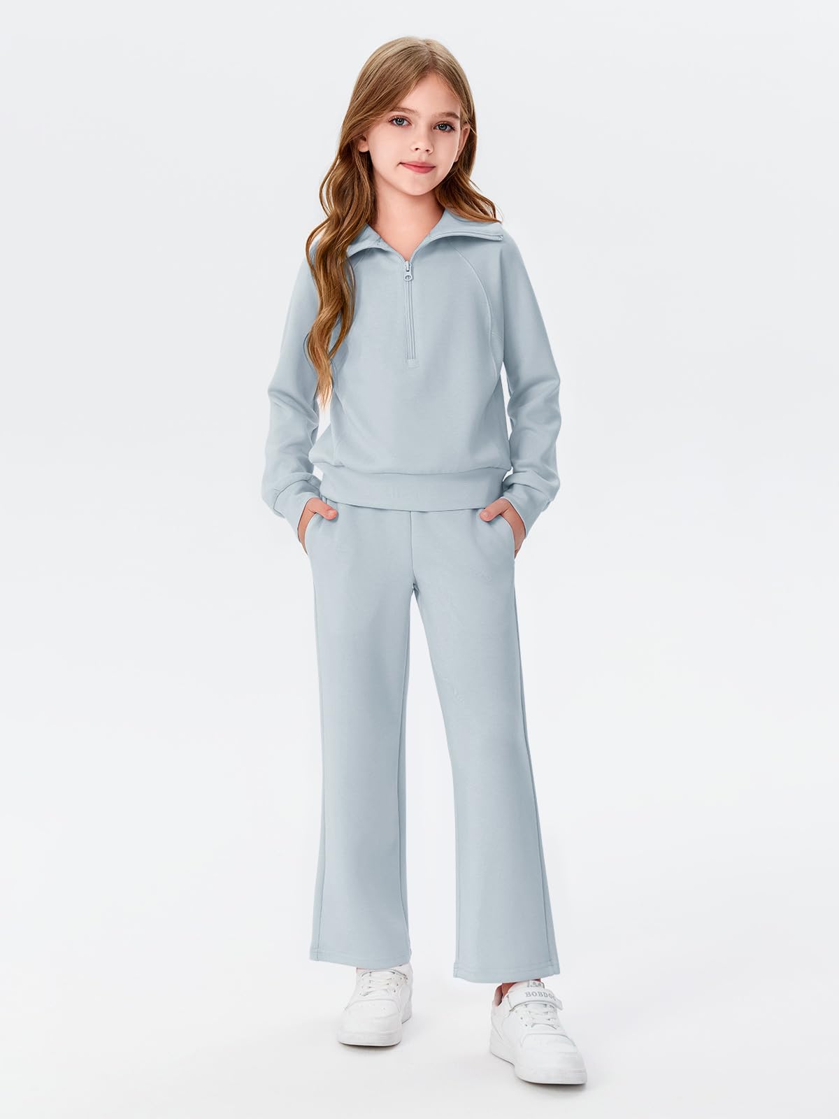 Haloumoning 2-teiliges Mädchen-Outfits, Sweatanzug, halber Reißverschluss, langärmelig, Sweatpants, Trainingsanzug-Set, 5–14 Jahre | Halber Reißverschluss, Taillen-Kordelzug, Mädchen-Trainingsanzug