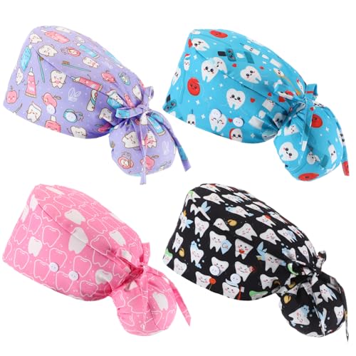 Image of Unittype 4 Pcs Nurse Caps for Women Nursing Working Caps with Button and Sweatband Adjustable Elastic Scrub Hats for Dentist