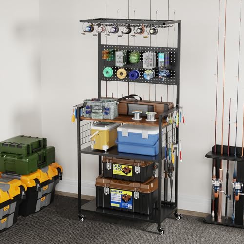 ahomrt Large Fishing Rod Storage Rack with Pegboard, Rolling Tackle Organizer Cart, Multi-Tier Fishing Gear Stand for Rods, Reels, Tackle Boxes & Bags, Heavy Duty Metal Holders with Lockable Wheels