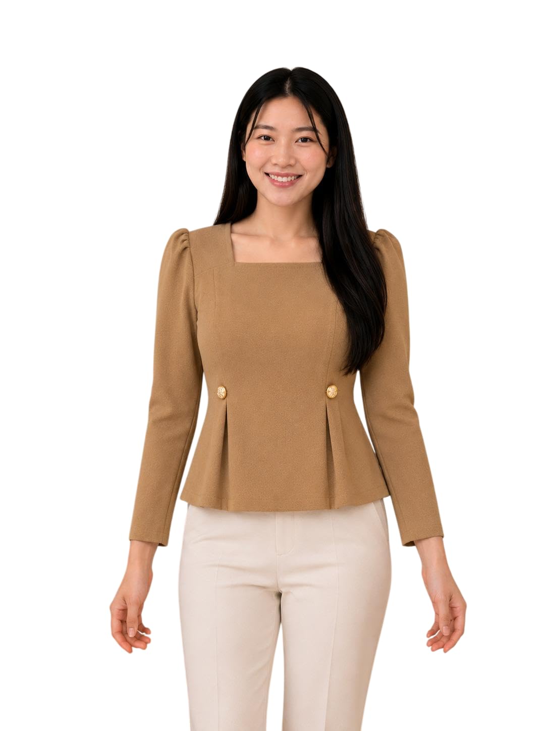 Rare Rabbit Women Stylish Full Sleeve Pleated Top | Casual Regular Fit Round Neck Top for Women & Girls | Trendy Daily, Office in neutral