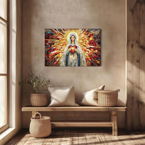 Image of Abstract Stained Glass Virgin Mary Canvas Wall Art for Bedroom Christian Wall Decor Religious Sacred Heart Painting Modern Aesthetics Posters Framed Artwork for Living Room Bathroom Decorations 16x24 inch