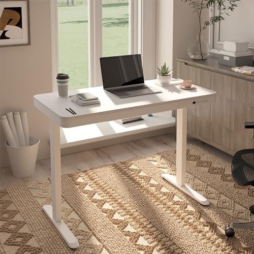 Image of FLEXISPOT Comhar 48 inch Electric Standing Desk with Drawers, USB Charging Ports, Quick Assembly, Height Adjustable Sit Stand Computer Desk with Child Lock for Modern Minimalist Home Office, White