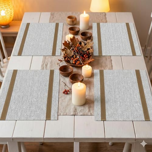 Image of YELONA Placemats Set of 4, Heat-Resistant Woven Vinyl Table Mats, Non-Slip & Washable Dining Tablemats for Kitchen & Dinner Decor, Beige & Gold (45cm x 30cm)