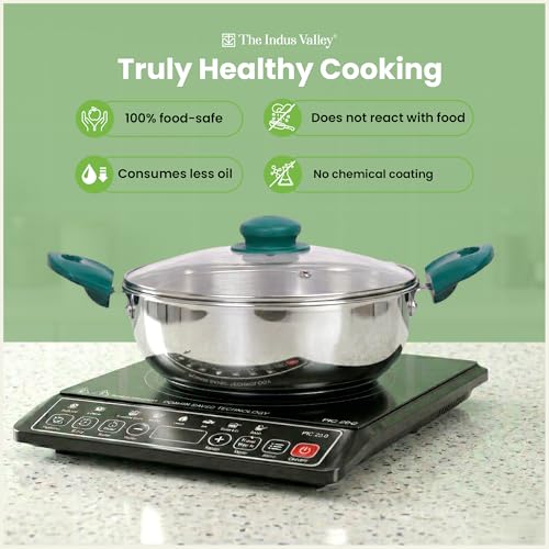 Image of The Indus Valley Stainless Steel Impact Bonded Bottom Kadai (22cm) + Fry Pan (22cm) with Glass Lid | Green Bakelite Handle | Kitchen Cooking Combo Pots & Pans Set of 2 | Induction Compatible