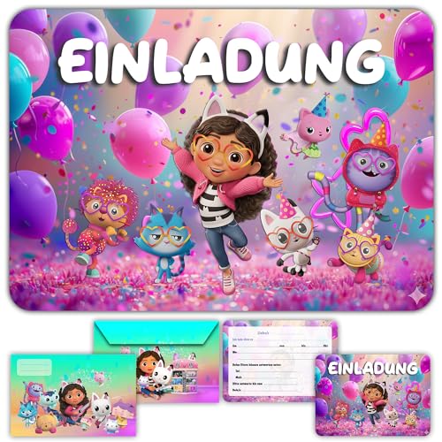 Fun4kid 12x Partyeinladungen Kinder Geburtstagseinladungen für Mädchen mit Umschlägen - Katze Thema für Kinder und Mädchen - Vorgefüllte Geburtstagseinladungskarten in Deutsch für Partys