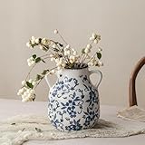 Blue and White Vintage Round Flower Vase with 2 Handles, Chinoiserie Floral Vase, Retro Ice Cracked Ceramic Large Vases for Home Decor, Living Room, Grand Millennial Chinoiserie Decor, 7.7 Inch