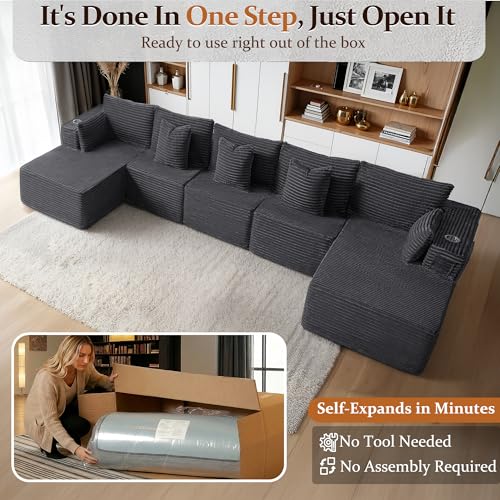 Image of 168 inch Cloud Sectional Couch, Comfort U Shaped Sofa for Living Room, Extra Deep Seats No Assembly, Minimalist Modular Couch, Corduroy (Dark Grey, 7 Seats,U-Shape C)