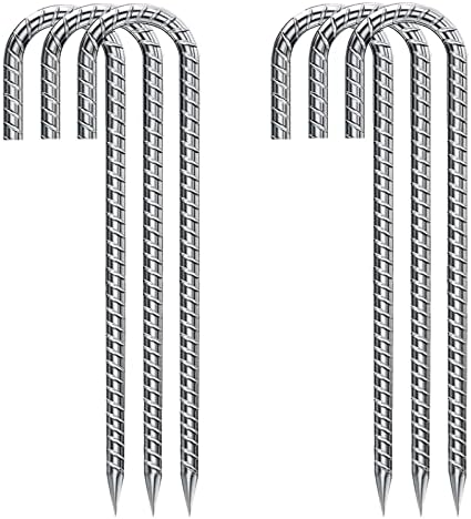 Rebar-Stakes-12-Inch-Galvanized, J Hook Rebar Stakes 6 Pack Ground Anchors Tent Stakes Heavy Duty for Plants Anti-Rust Landscape Fabric Stakes Artificial Turf
