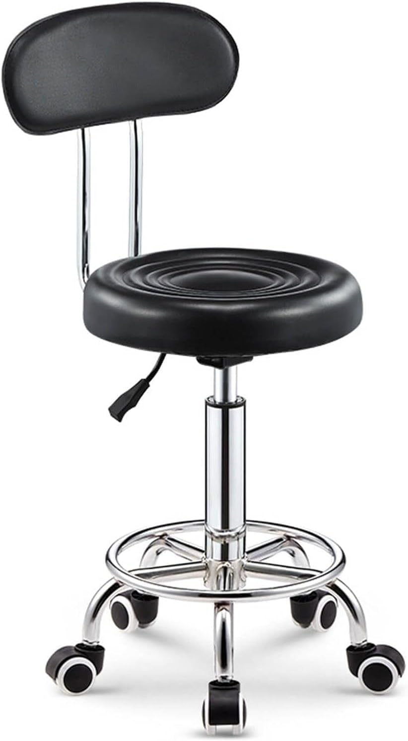 Leather Heavy Duty Rolling Stool with Mid-Back, Footrest, and Adjustable Height for Lab, Office, Kitchen,(Black)