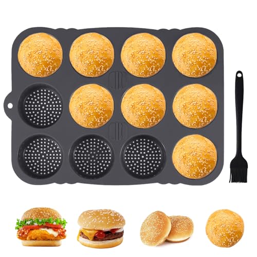 FTNESGYM Hamburger Bun Pan, 12 Cavity Baking Pan for Making Sliders and small Sandwiches Buns, Silicone Loaf Pan with Basting Brush Nonstick & Heat Resistant Burger Bun Mold (Grey) -  FT83947