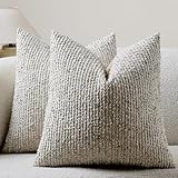 DEZENE Striped Throw Pillow Covers 18x18 Set of 2 Cream Grey Textured Boucle Chic Morden Boho Accent Farmhouse Square Decorative Couch Pillow Covers for Home Decor Bed Sofa Living Room