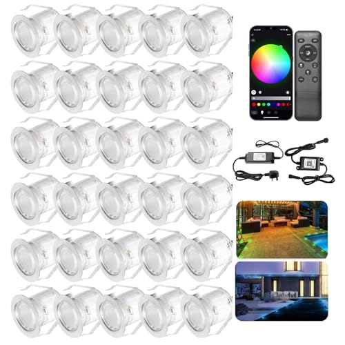 INDARUN RGB Led Decking Lights 0.5W Waterproof IP67 Ø30MM + WiFi Controller - Lighting for Terrace/Patio/Path/Wall/Garden/Decoration, 30 Packs