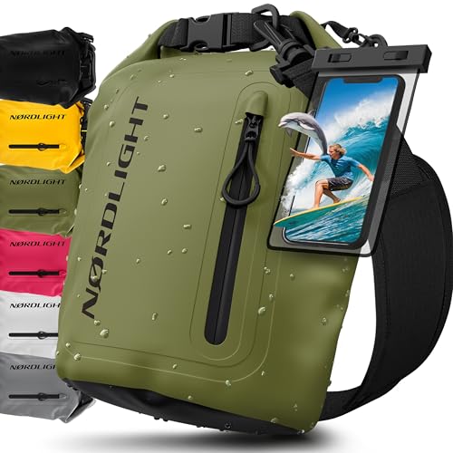 Nordlight Bolsa Estanca Impermeable + Funda para Móvil, Cierre Enrollable, Correa para Hombro | Drybag Mochila Impermeable Saco Estanco Bolsa de Transporte Náutica | Playa Sup - Verde Oliva, 5 litros