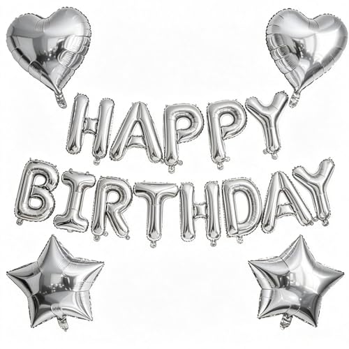 Silver Birthday Decorations, Silver Balloons Happy Birthdays Banner Balloon Heart and Star Foil Balloons for Men Boy Birthday Baby Shower Party Decorations