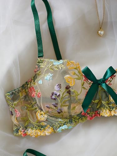 Image of Sexy Floral Embroidered Flower Mesh Underwire Push Up Lingerie Set