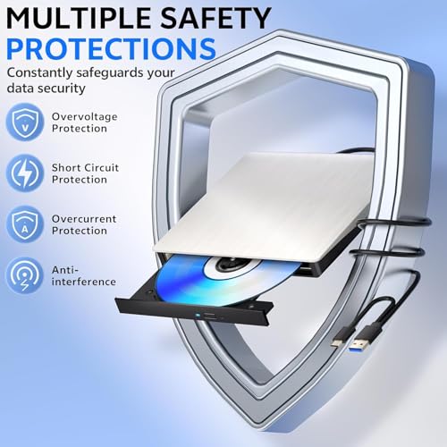 Image of External CD DVD Drive Player, USB 3.0 USB-C Portable CD DVD + /-RW Disk Drive Burner CD-ROM Reader Writer for Laptop Desktop PC (2 in 1 DVD Writer - White)