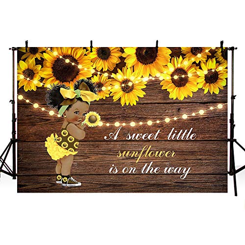 Image of MEHOFOND 7x5ft Sunflower Girl Baby Shower Backdrops for Photography Rustic Wood Glitter Lights Yellow Floral Sweet Little Sunflower is on The Way Party Decoration Photo Studio Background Banner