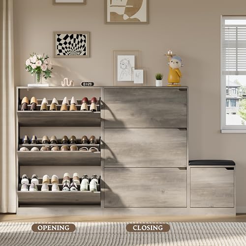 Image of BORNOON Shoe Cabinet with Bench and 3 Flip Drawers, Slim Narrow Shoe Storage Cabinet, Freestanding Shoe Rack Organizer with Adjustable & Removable Shelves, Anti-Tip for Entryway, Hallway, Foyer