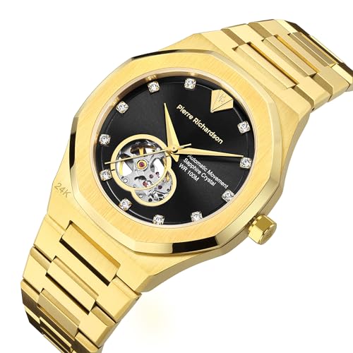 Image of PIERRE RICHARDSON PR5922 Men's Watch, Black Dial, 24K Pure Gold Plated, Automatic, Sapphire Glass, 41mm, 10ATM