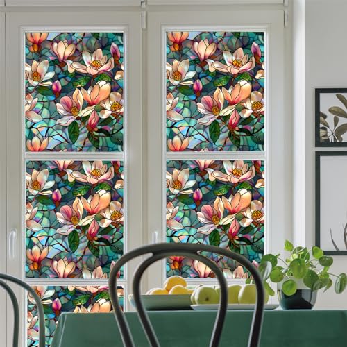 WBQMUNY Magnolia Stained Glass Window Film,Static Cling Window Privacy Film Decorative UV Sun Blocking Non-Adhesive Glass Window Covering for Home Bathroom 17.7\"x39.5\" (BL187)