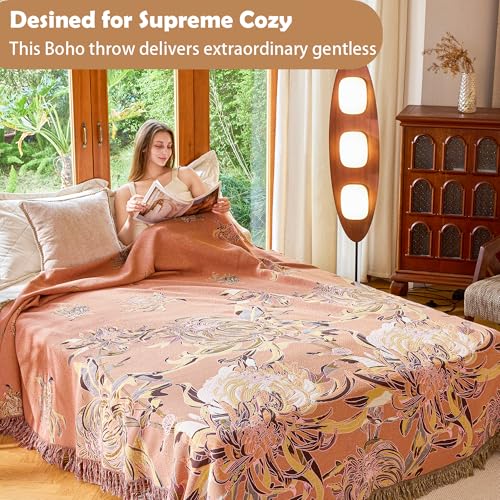 Image of VANJOROY Boho Throw Blanket 60 inch x 80 inch, 100% Organic Cotton Breathable Skin-Friendly Ultra Soft Bed Quilt Throw - Floral Rustic Decor Luxury Reversible Blanket for Sofa Couch Chair and Gift,