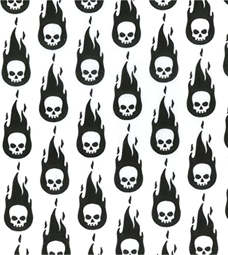 Tissu imprimé crânes et flammes blanc 5m pour décoration rock