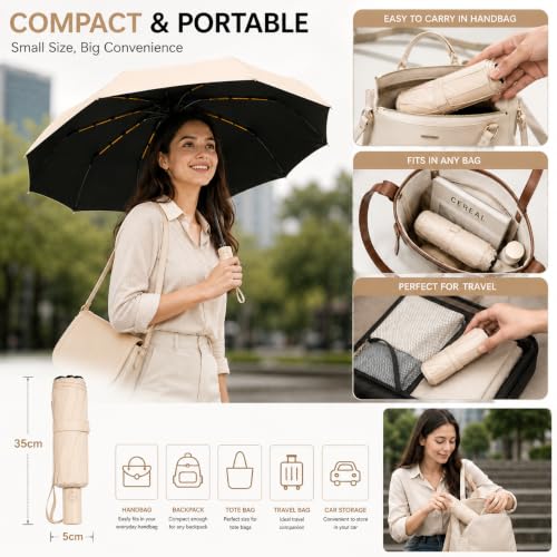 Image of Vasukie Compact Travel Umbrella with Ergonomic C-Shaped Handle, Wind Resistant Folding Umbrella for Men & Women, Lightweight Portable Umbrella for Travel, Office & Daily Use
