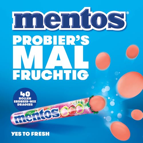 Mentos Erdbeere-Mix Dragees, süß-saure Frucht-Bonbons, fruchtig-spritzige Kaubonbons, Süßigkeiten Multipack (40 Rollen), vegan 2