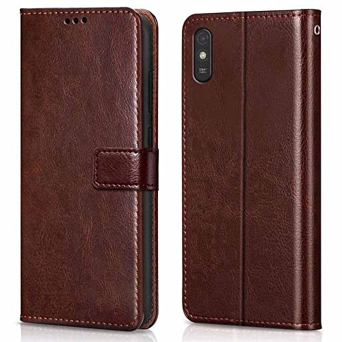 Image of WOW IMAGINE Shock Proof Flip Case Back Cover for Xiaomi Mi Redmi 9A | 9i | 9A Sport (Flexible | Leather Finish | Card Pockets Wallet & Stand | Chestnut Brown)