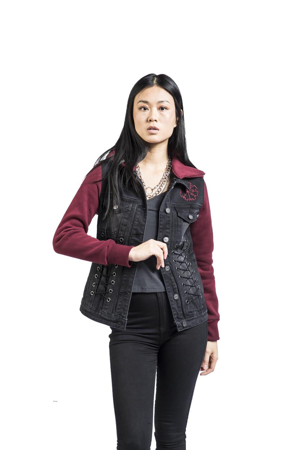 Black Premium by EMP Mujer Chaqueta vaquera negra y roja con capucha desmontable y mangas hechas de tela extra suave para el sudor