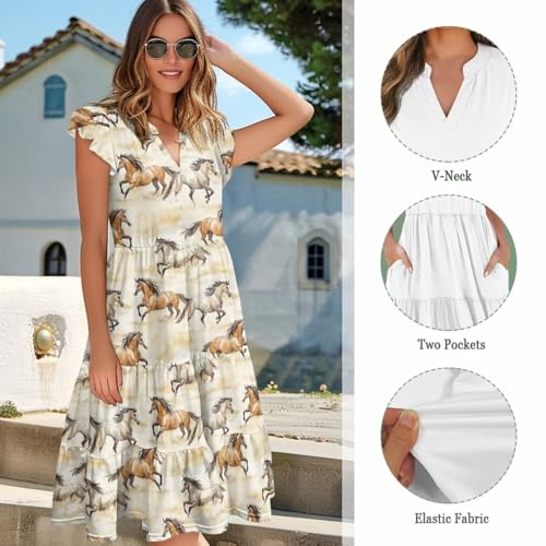 Image of Women's Casual Ruffle Sleeve Dress V Neck Pullover Dress Flowy A-Line Pleated Lightweight Dress with Pockets