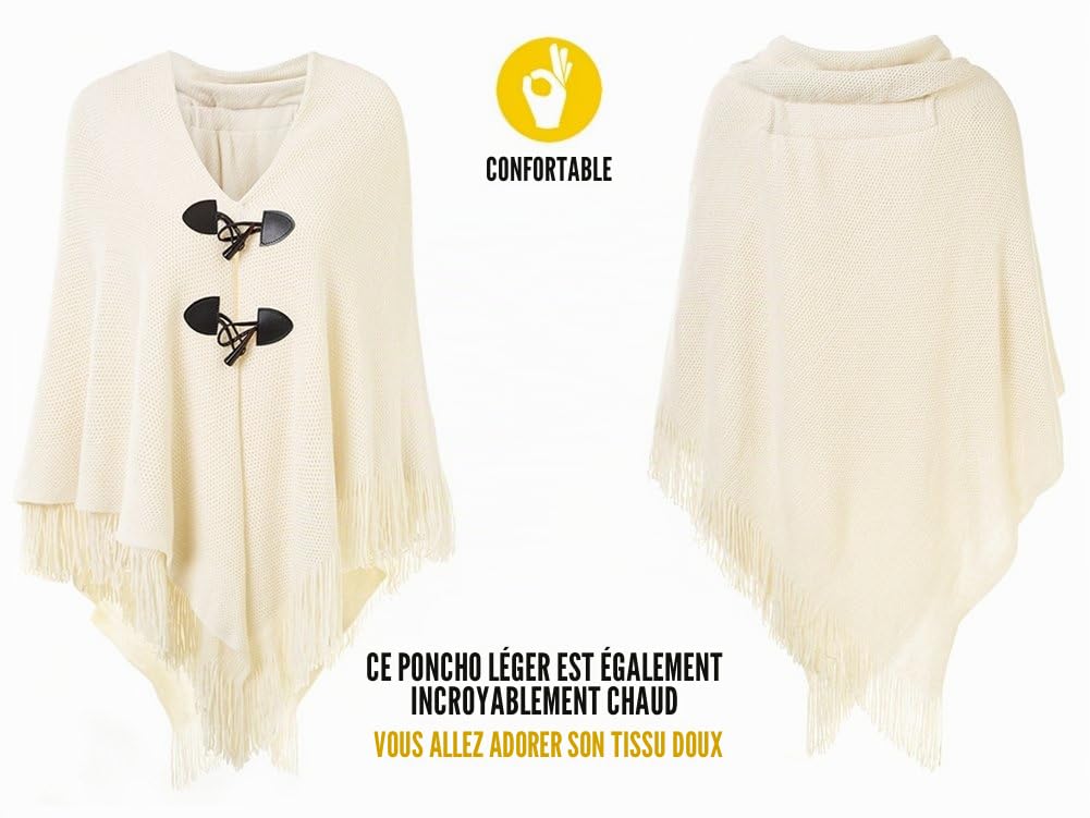 Ferand Poncho Châle Femme Elégant Chaud Ouvert Devant avec Bouton à Franges pour l' Automne Hiver