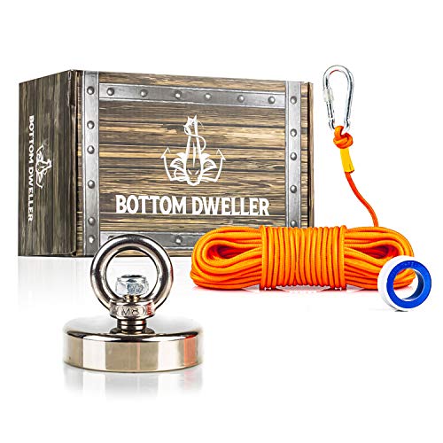 BottomDweller Strong 330 lb (150 kg) Pull Force Neodynium Fishing Magnet Kit with Highly Visible Rope and Carabiner, Heavy Duty Retrieval Magnet for Hunting and Salvaging Hidden Treasures from Rivers