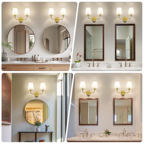 Image of Bathroom Vanity Light, Brushed Gold Bathroom Lighting Fixtures Over Mirror | 2-Light Bathroom Light Fixtures with Flared White Fabric Shade, E26 Socket (ETL Listed)