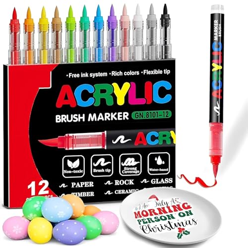 Image of Acrylic Paint Markers Brush Tip, 12 Vivid Colors with Direct-Liquid Ink System, Professional-Grade Paint Pen for Rock Painting, Canvas, Glass, Plastic, Fabric & Creative Crafts