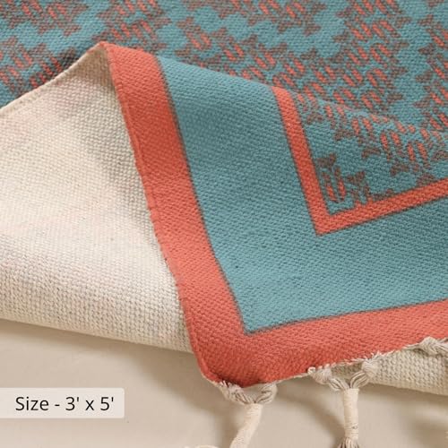 Image of Peepul Tree Handmade Pure Cotton Rug for Living Room | Multipurpose Carpet for Hall, Bed Room and Corridor | Floor Rugs | Sustainable Dhurrie Rugs | 3x5ft | Teal and Coral | Chintz Collection
