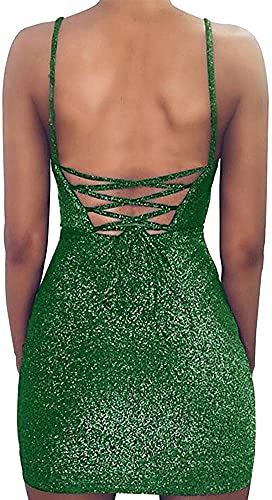 Image of VANCOL Women's Sexy Glitter Spagetti Straps Lace Up Back Bandage Bodycon Mini Club Party Dress