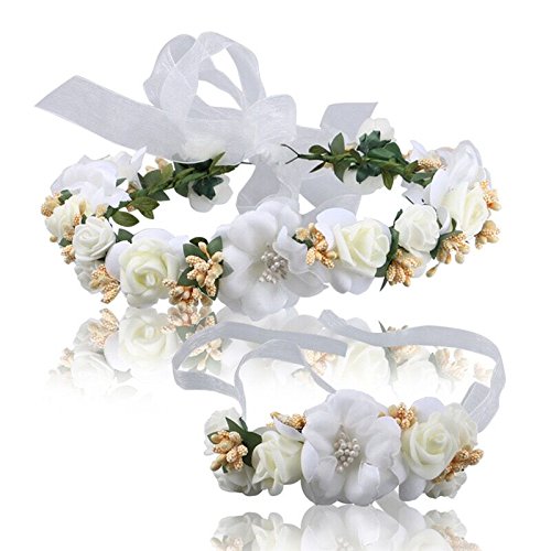 Handmade Boho Flower-Headband Flower-Crown Hair Wreath Halo Garland Headpiece with Ribbon Festival Wedding Party