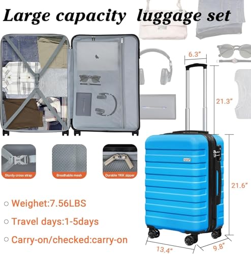 Image of KEYTANG Zebra 20 inch Expandable Carry-On Luggage Set with TSA Lock, Lightweight Hardshell Suitcase with Spinner Wheels, PC+ABS Durable Checked Luggage, Bonus Travel Backpack & Cosmetic Makeup Bag,Blue