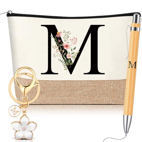 Hestya 3 peças presentes para mulher com iniciais florais bolsa de maquilhagem porta-chaves caneta presentes para mãe amiga namorada dama de honra aniversários, Branco, Letra M